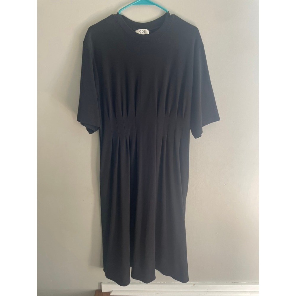 COS Black Pleated Waist Cotton Jersey Midi T-Shirt Dress Size L Short Sleeve - Picture 4 of 12